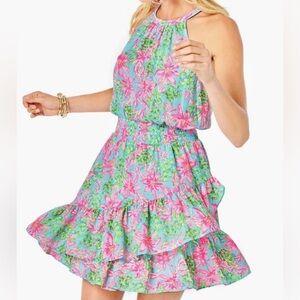 Lilly Pulitzer Pink & Aqua Floral Tiered Halter Dress